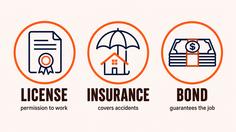 Infographic showing separate License, Insurance, and Bond badges
