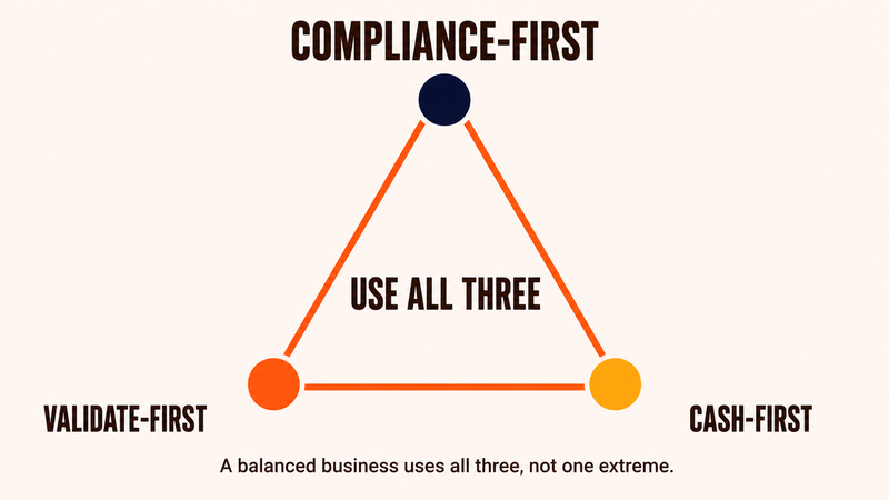 Infographic showing three contractor launch camps: compliance, validate, and cash first
