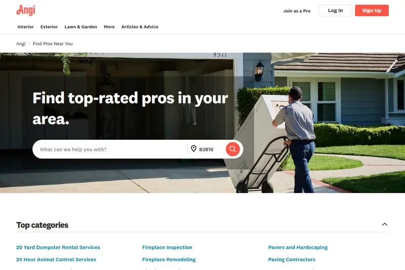Angi homepage showing contractor search interface — Find top-rated pros in your area