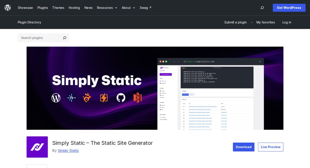 The Simply Static plugin page on WordPress.org