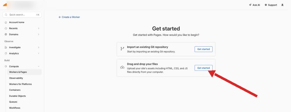 Cloudflare Get started screen with the drag and drop option highlighted
