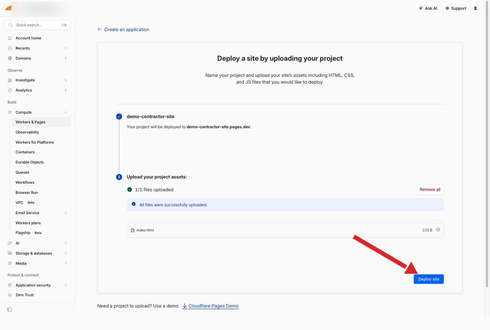 Files uploaded successfully, Deploy site button highlighted