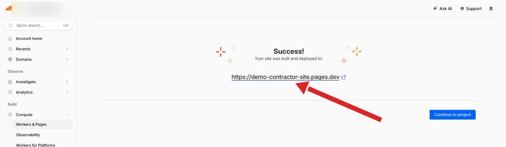 Cloudflare success screen showing the live site address