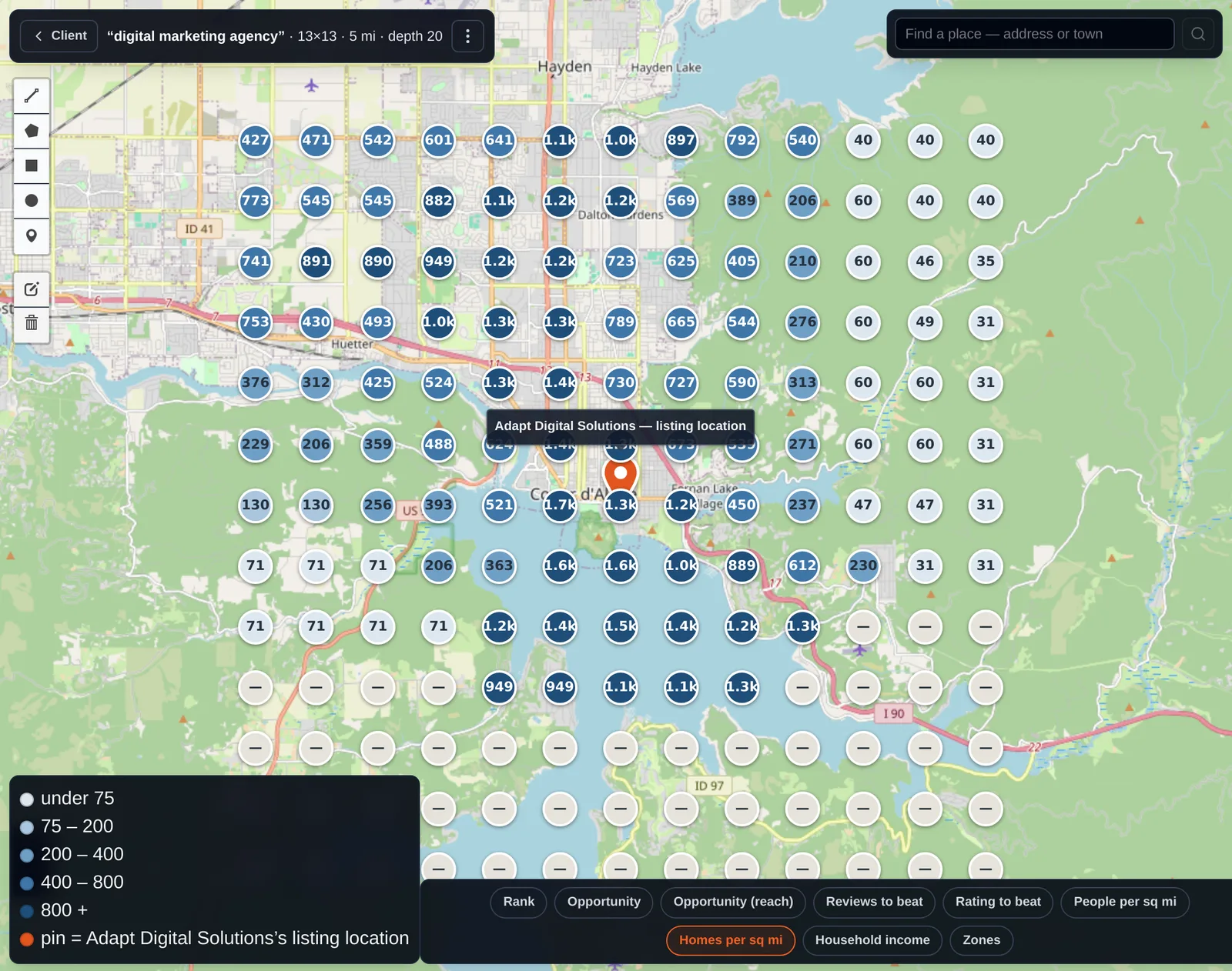 Homes per square mile at each grid point