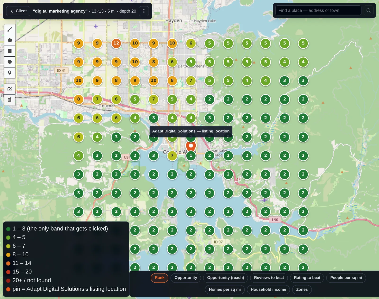 Heat map showing map rank at each grid point