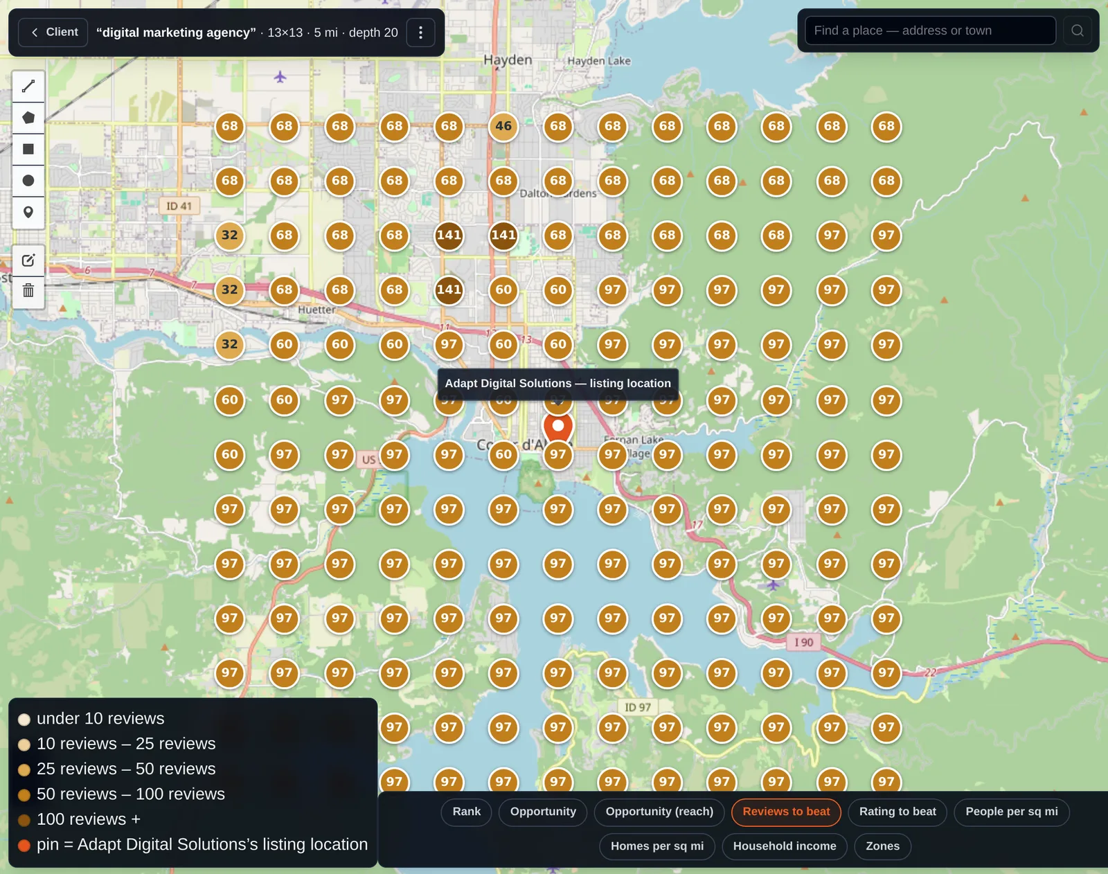 Reviews needed to compete at each grid point