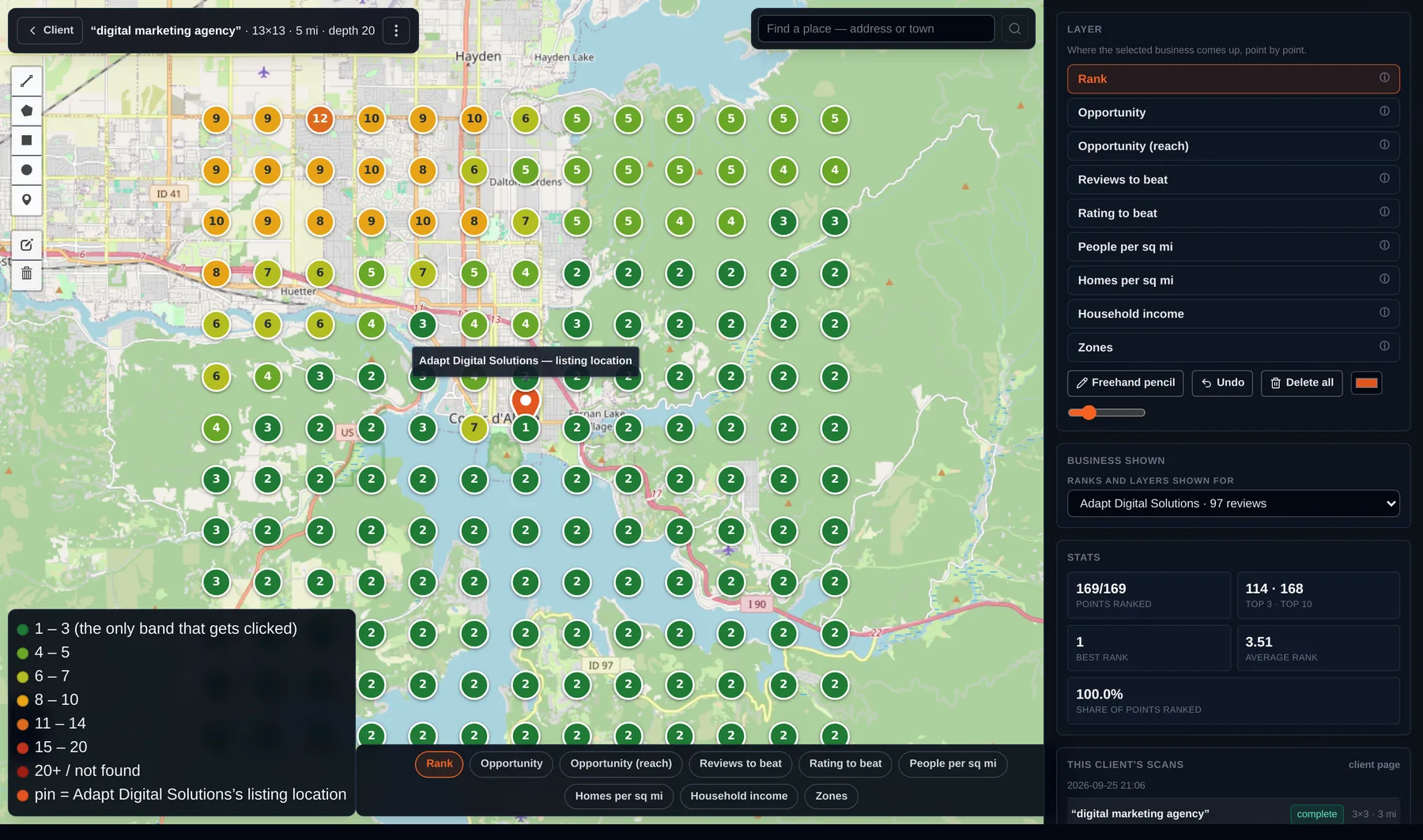 The Adapt heat map tool showing a rank grid over Coeur d&rsquo;Alene
