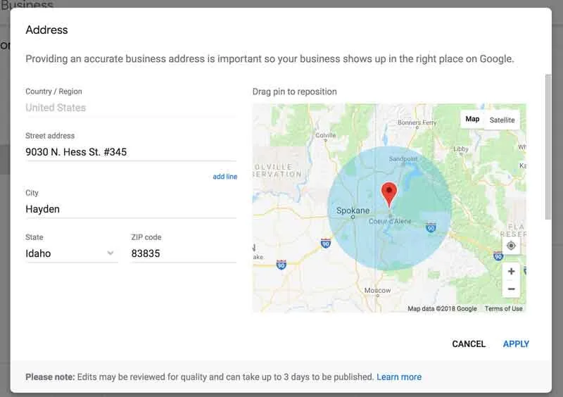 GMB location setup screen