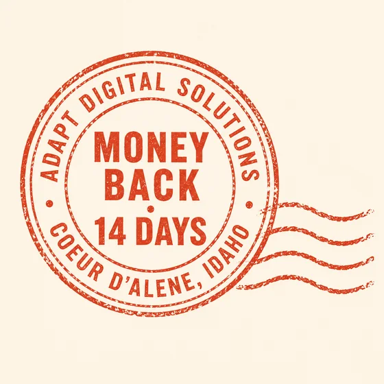 Adapt Digital Solutions money-back guarantee postmark — Money Back, 14 Days, Coeur d'Alene, Idaho