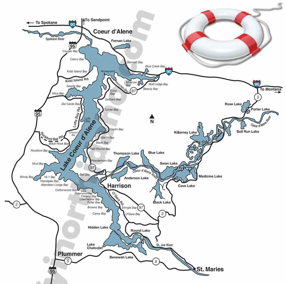 Map of Lake Coeur d'Alene, Chain Lakes, and Cda River