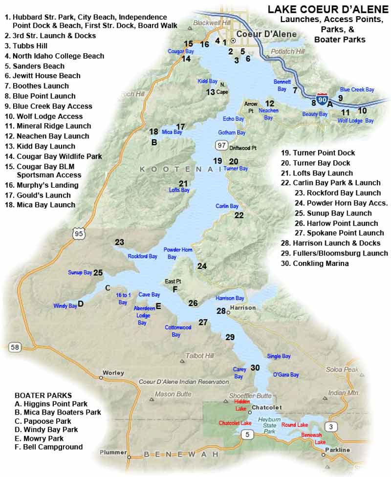 Lake Coeur d'Alene Boat Access Points Map