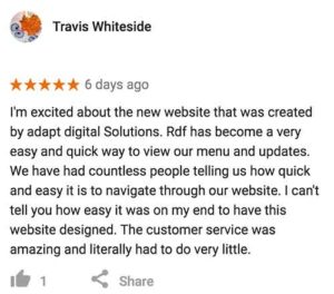 A screenshot of a five star Google review from Travis Whiteside of Rawdeadfish who had a website built by Adapt Digital Solutions